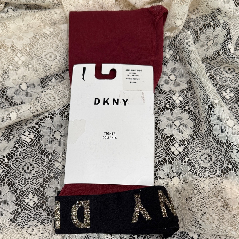 DKNY Tights Crimson Gold Lurex Rib Count NWT TALL GRANDE See size scale